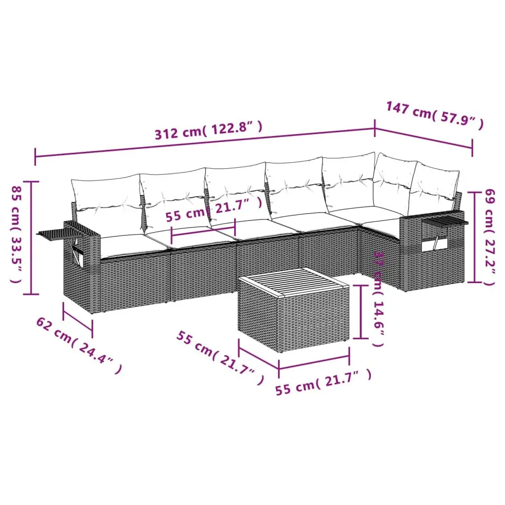 Outdoor Sectional Sofa Set for Patio Garden 7 Piece Grey Poly Rattan