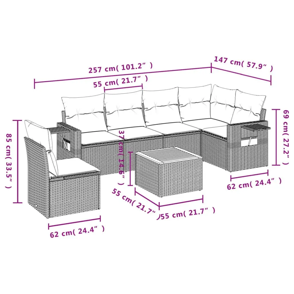 7 Piece Outdoor Garden Sofa Set Grey Poly Rattan Sectional with Cushions Side
