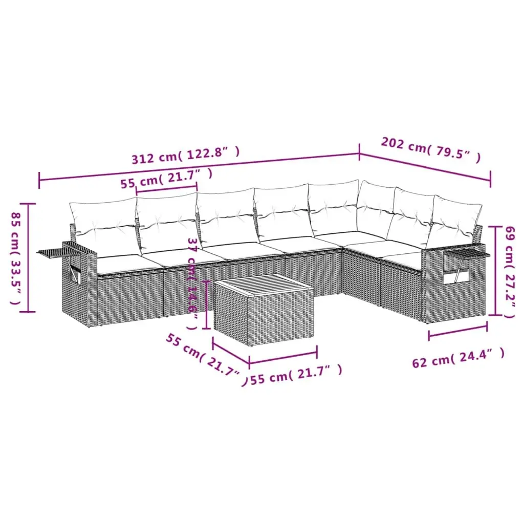 Outdoor Sectional Sofa Set 8 Piece Patio Garden Furniture Grey Poly Rattan