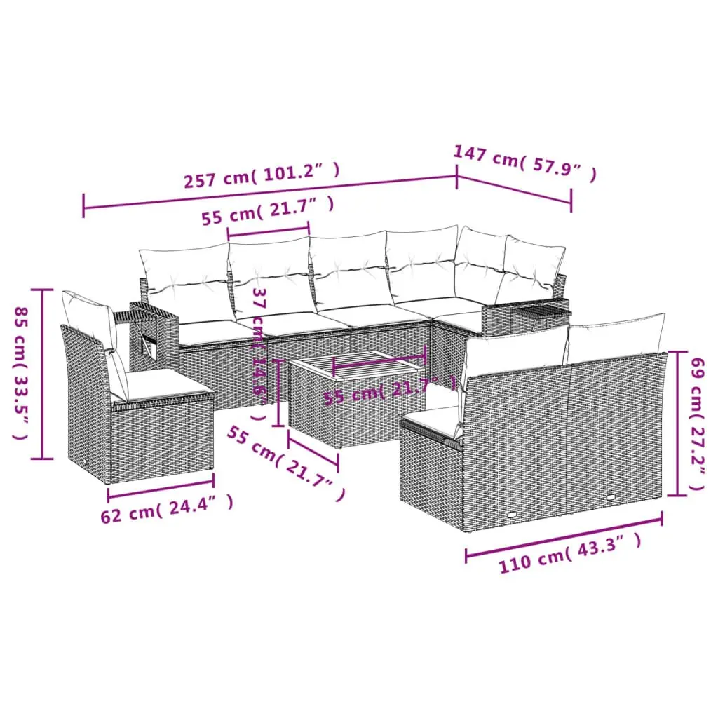 9 Piece Grey Outdoor Sofa Set