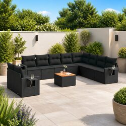 11-Piece Modular Garden Sofa with Black Rattan and Acacia Wood