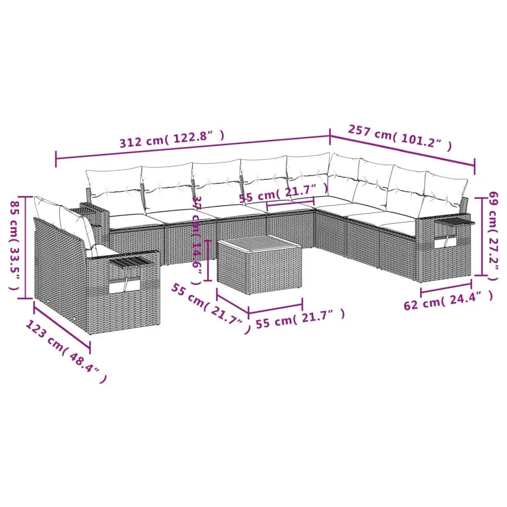 Outdoor Sectional Sofa Set 11 Piece Patio Furniture Grey Poly Rattan