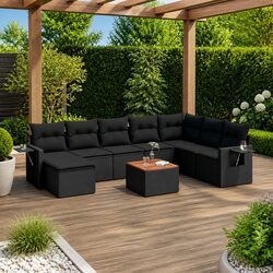 Outdoor Sectional Sofa Set 9 Piece Garden Furniture Black Poly Rattan with