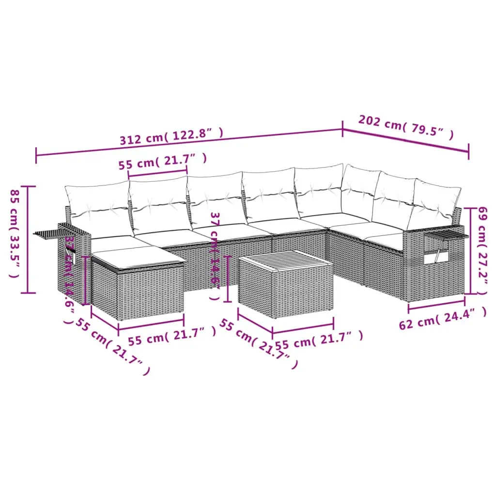 Outdoor Sectional Sofa Set 9 Piece Garden Furniture Grey Poly Rattan