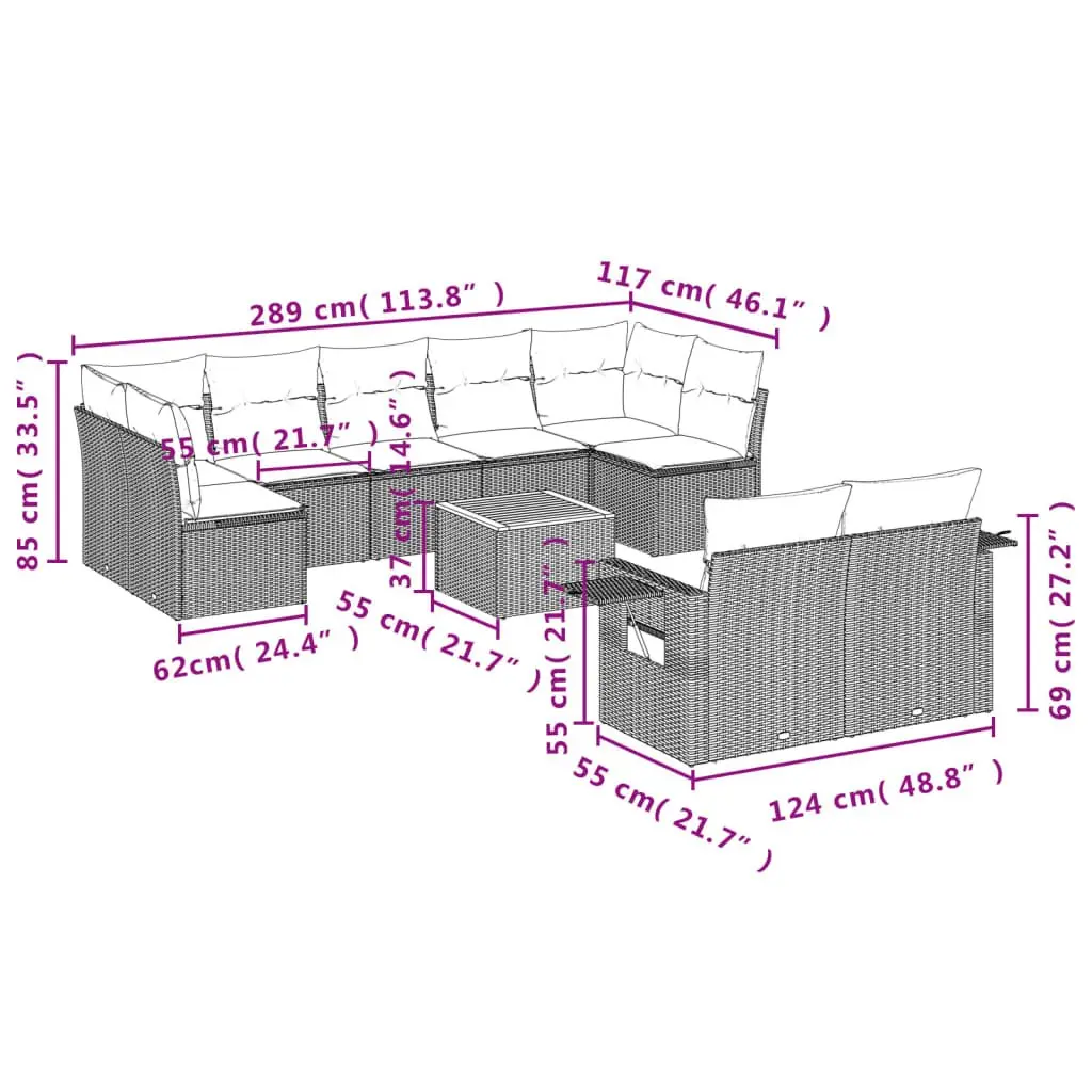 Outdoor Sectional Sofa Set 10 Piece Garden Furniture Grey Poly Rattan with