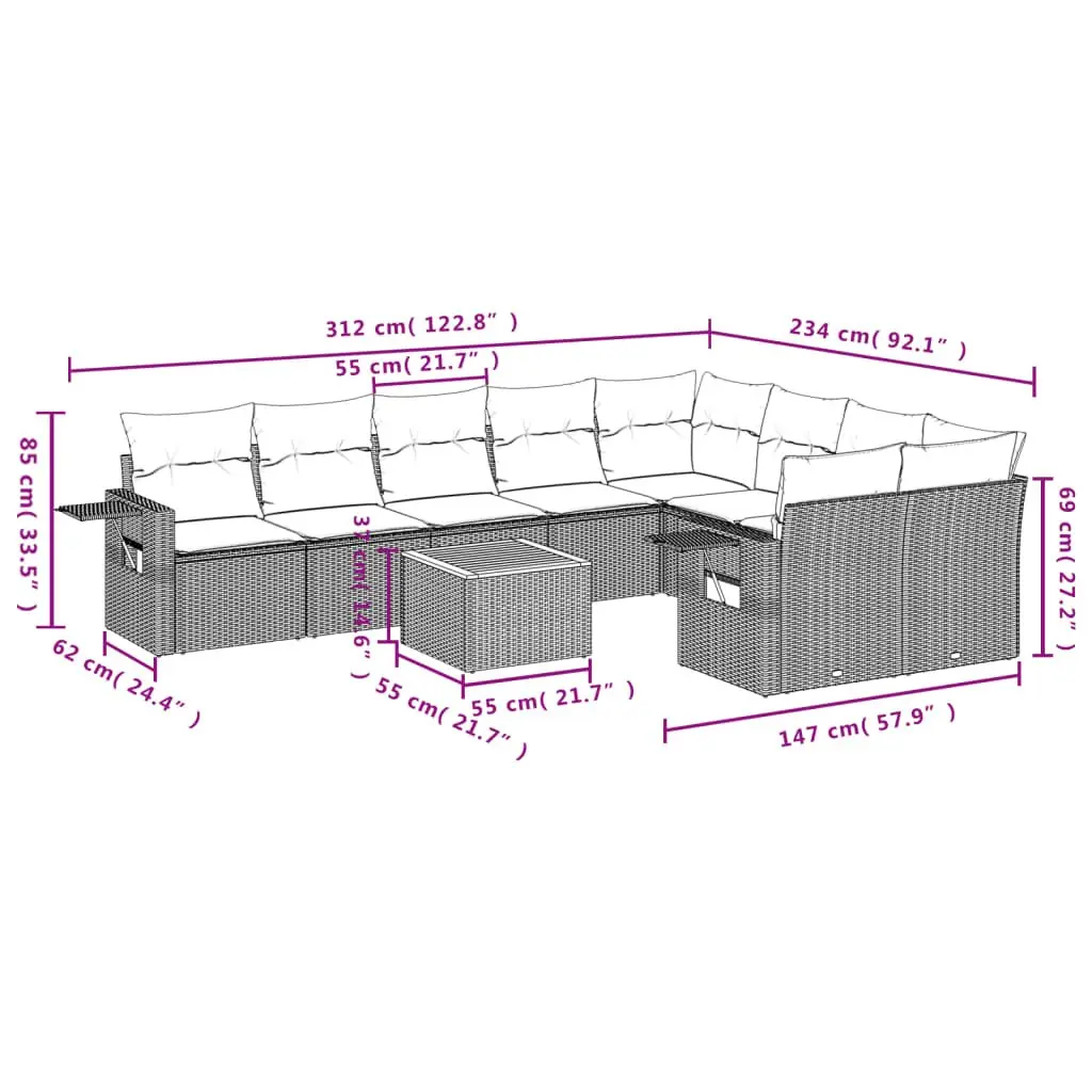 Outdoor Sectional Sofa Set 10 Piece Patio Garden Furniture Grey Poly Rattan