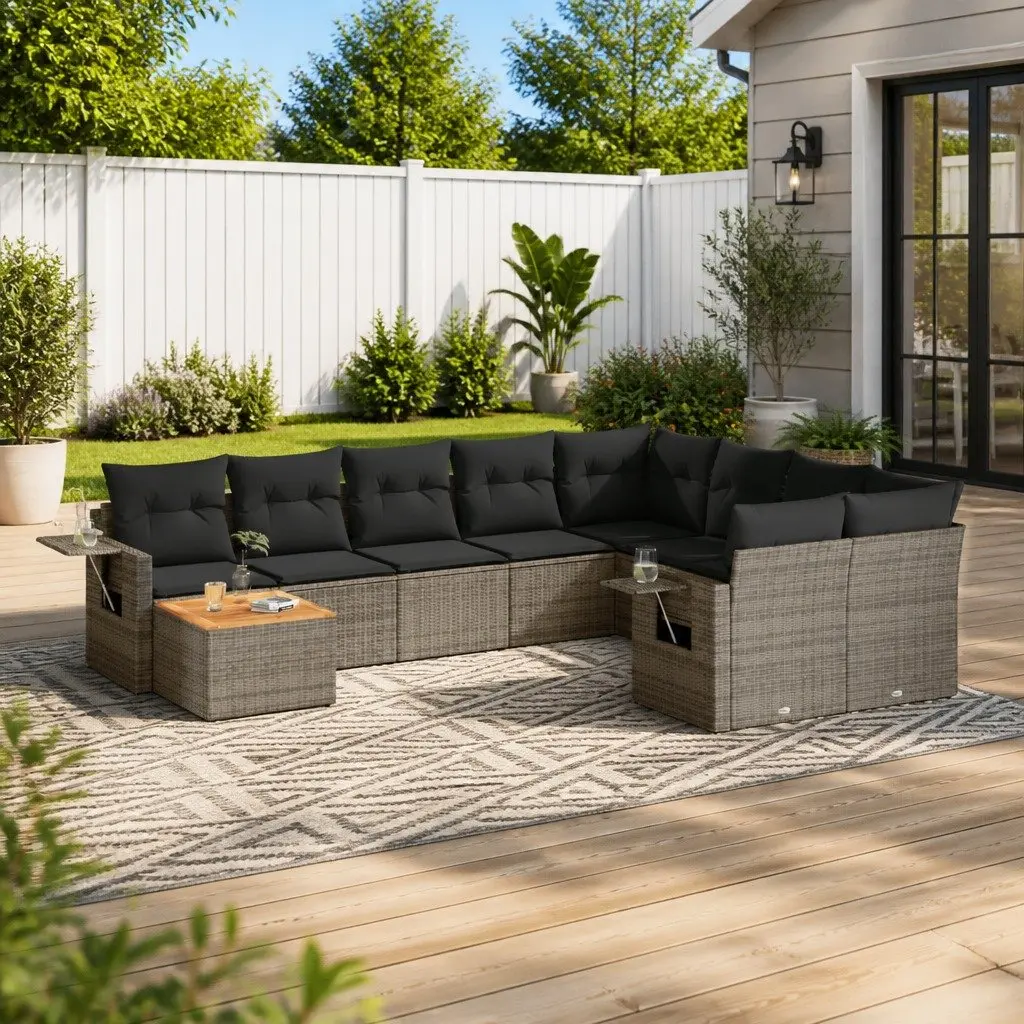 Outdoor Sectional Sofa Set 10 Piece Garden Furniture Grey Poly Rattan
