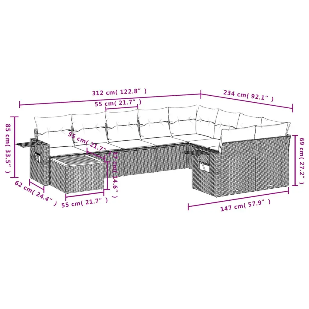 Outdoor Sectional Sofa Set 10 Piece Garden Furniture Grey Poly Rattan