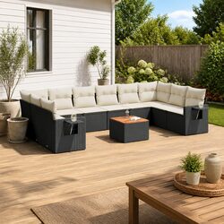 Outdoor Sectional Sofa Set 11 Piece Garden Furniture Black Poly Rattan with