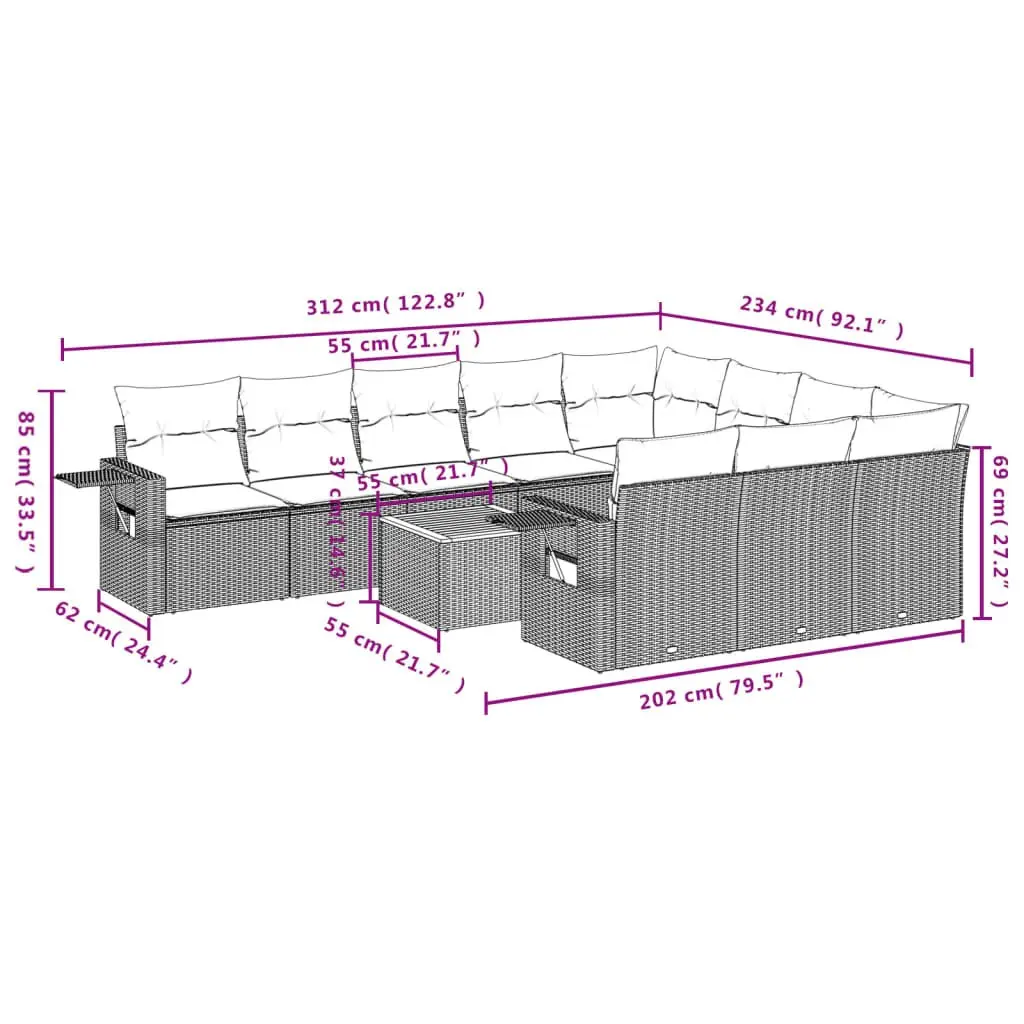 Outdoor Sectional Sofa Set 11 Piece Grey Patio Furniture Poly Rattan