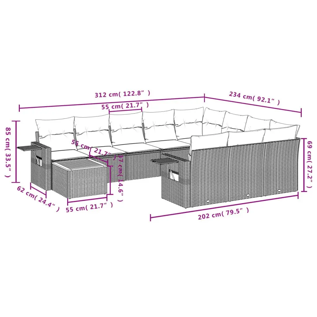 Outdoor Sectional Sofa Set Garden Furniture 11 Piece Grey Poly Rattan