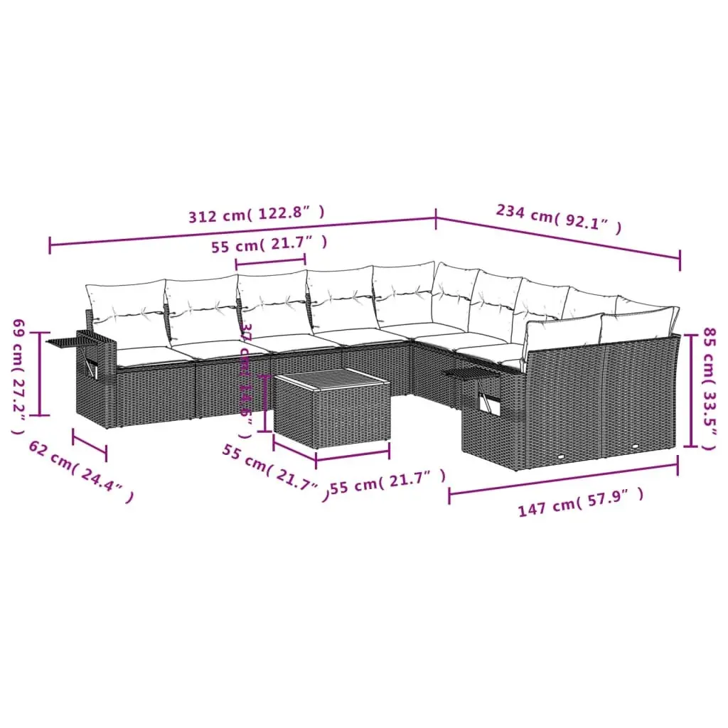 Outdoor Sectional Sofa Set 11 Piece Patio Garden Furniture Grey Poly Rattan