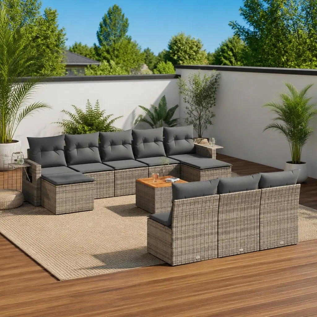 Outdoor Sectional Sofa Set 11 Piece Patio Garden Furniture Grey Poly Rattan