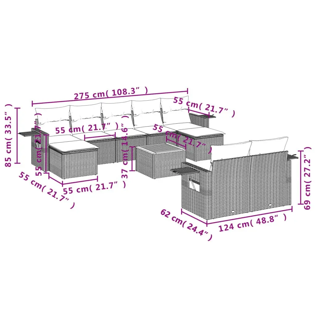 Outdoor Sectional Sofa Set 10 Piece Grey Poly Rattan Patio Garden Furniture