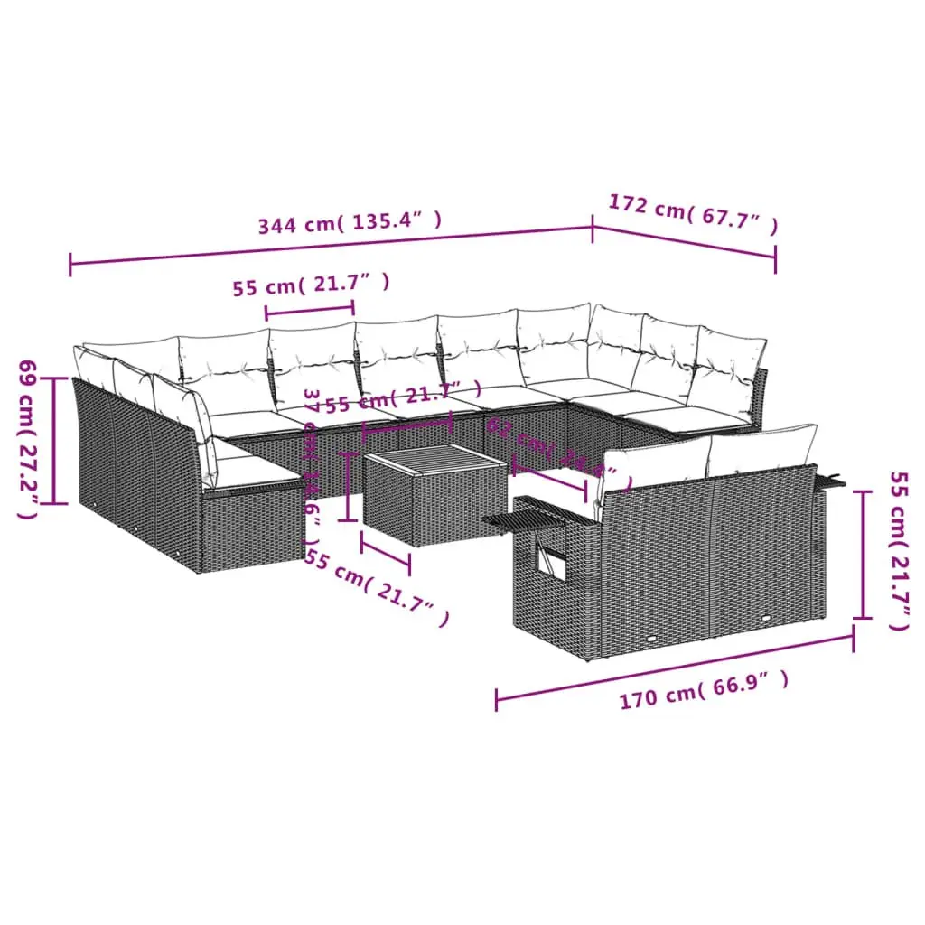 Outdoor Sectional Sofa Set 13 Piece Garden Furniture Grey Poly Rattan Modular