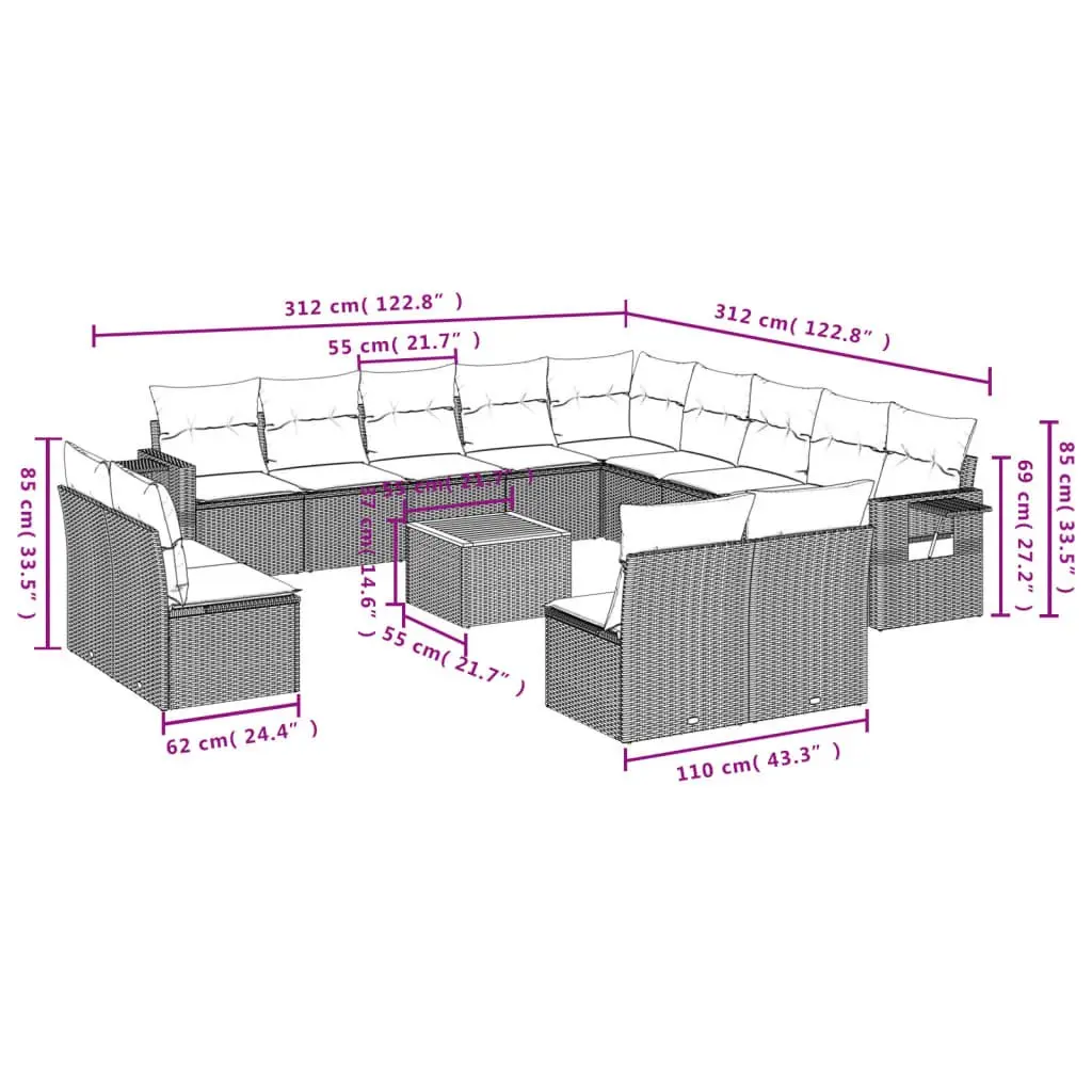 Outdoor Sectional Sofa Set 14 Piece Patio Garden Furniture Grey Rattan