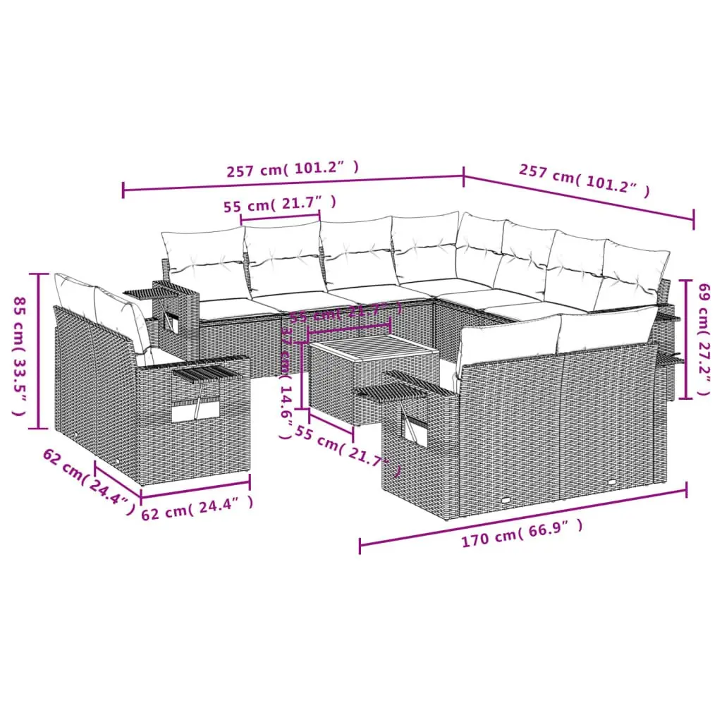 Outdoor Sectional Sofa Set 12 Piece Patio Garden Furniture Grey Poly Rattan