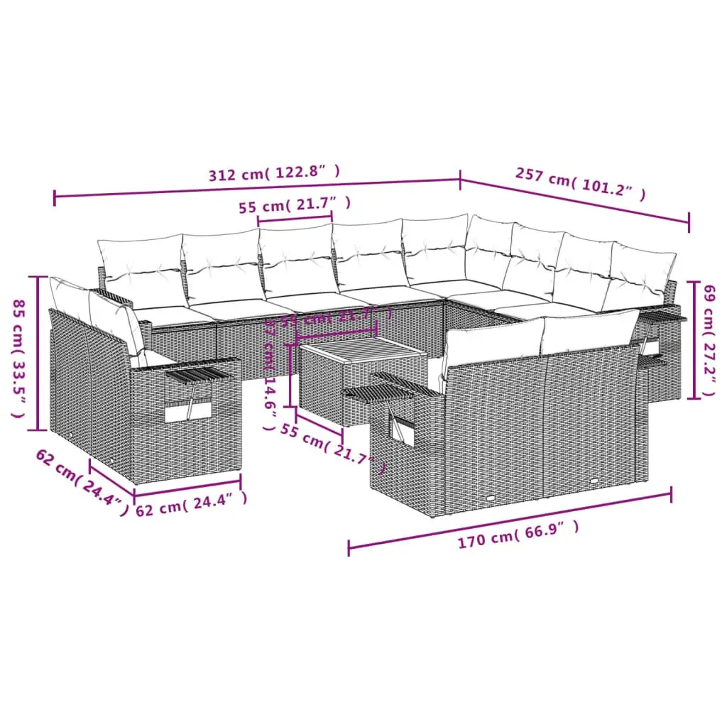 Outdoor Sectional Sofa Set 13 Piece Grey Poly Rattan Patio Garden Furniture