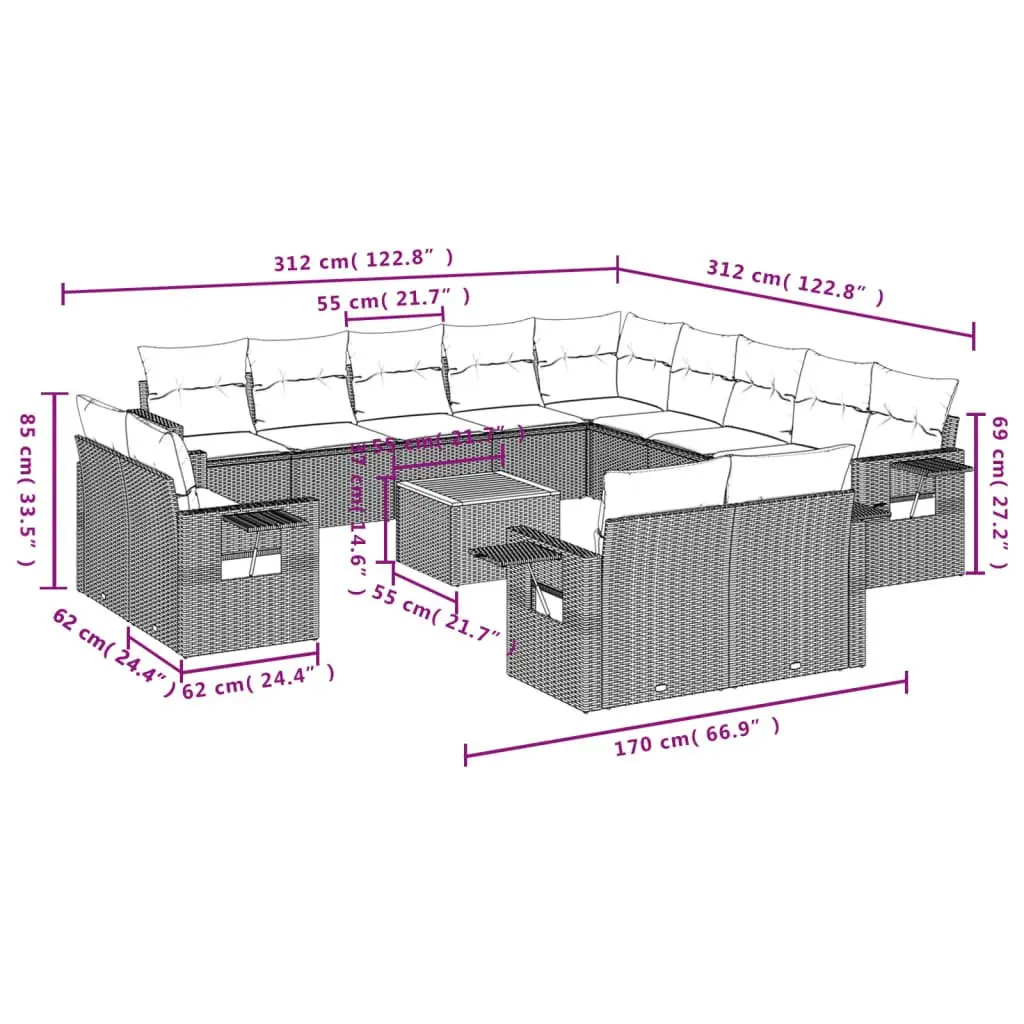 14 Piece Garden Sofa Set Outdoor Patio Furniture Grey Poly Rattan