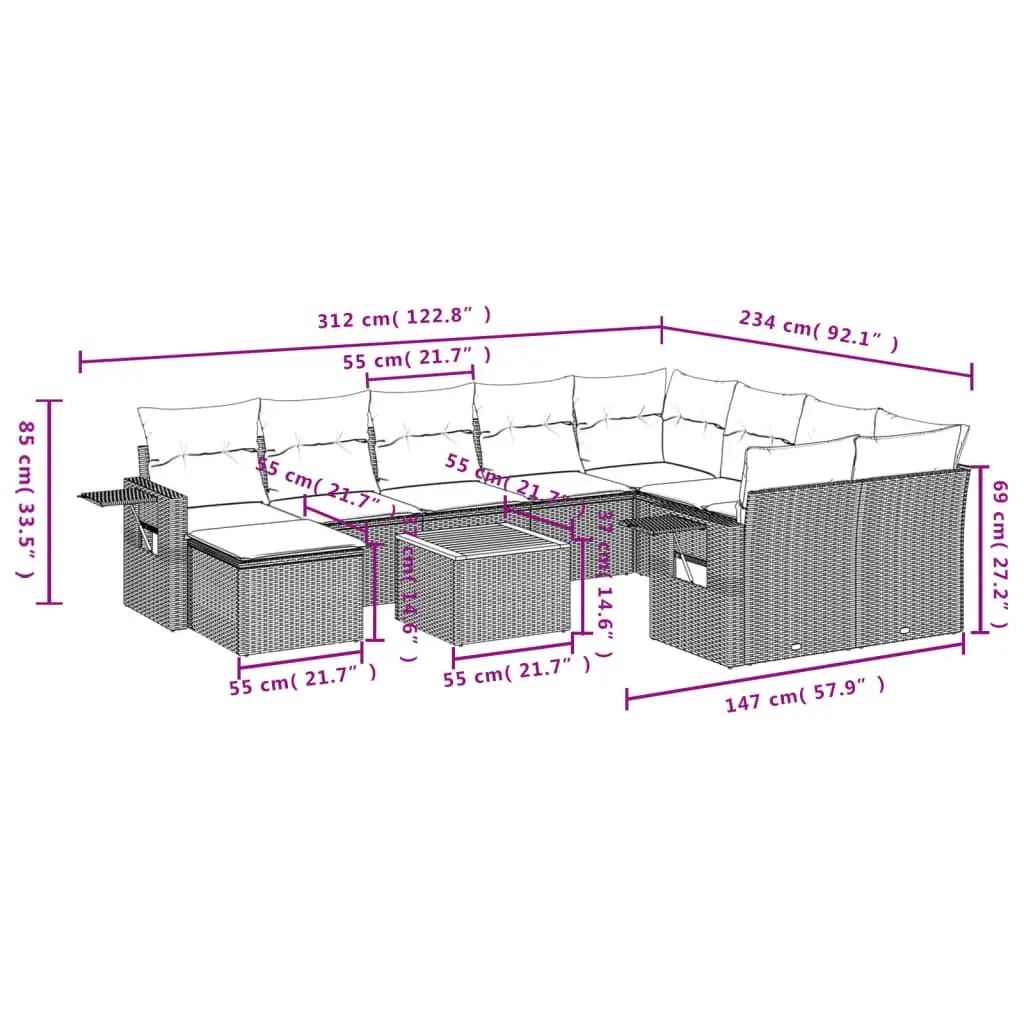 Outdoor Sectional Sofa Set 11 Piece Grey Patio Furniture for Backyard and Terrace