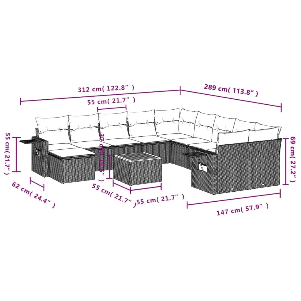 Outdoor Sectional Sofa Set 12 Piece Garden Furniture Grey Poly Rattan