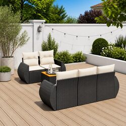 Garden Sofa Set 6 Piece Outdoor Furniture with Cushions Black Poly Rattan Patio