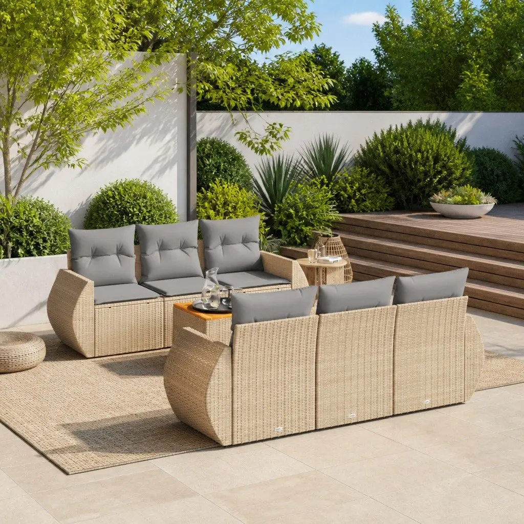 7 Piece Outdoor Garden Sofa Set for Patio Beige Poly Rattan with Cushions