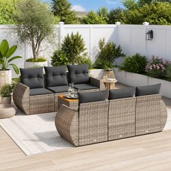 7 Piece Garden Sofa Set with Cushions Grey Outdoor Patio Furniture Rattan