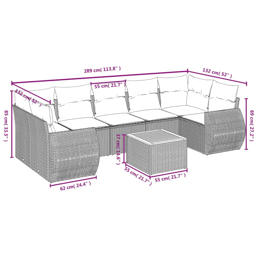 Garden Sofa Set 8 Piece Outdoor Furniture Grey Poly Rattan Cushions Patio