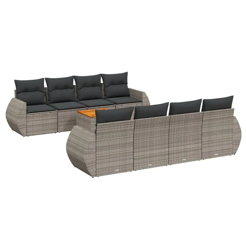 Outdoor Sofa Set 9 Piece Patio Furniture Grey Poly Rattan with Acacia Wood Table Top Thick Cushions for Backyard and Terrace