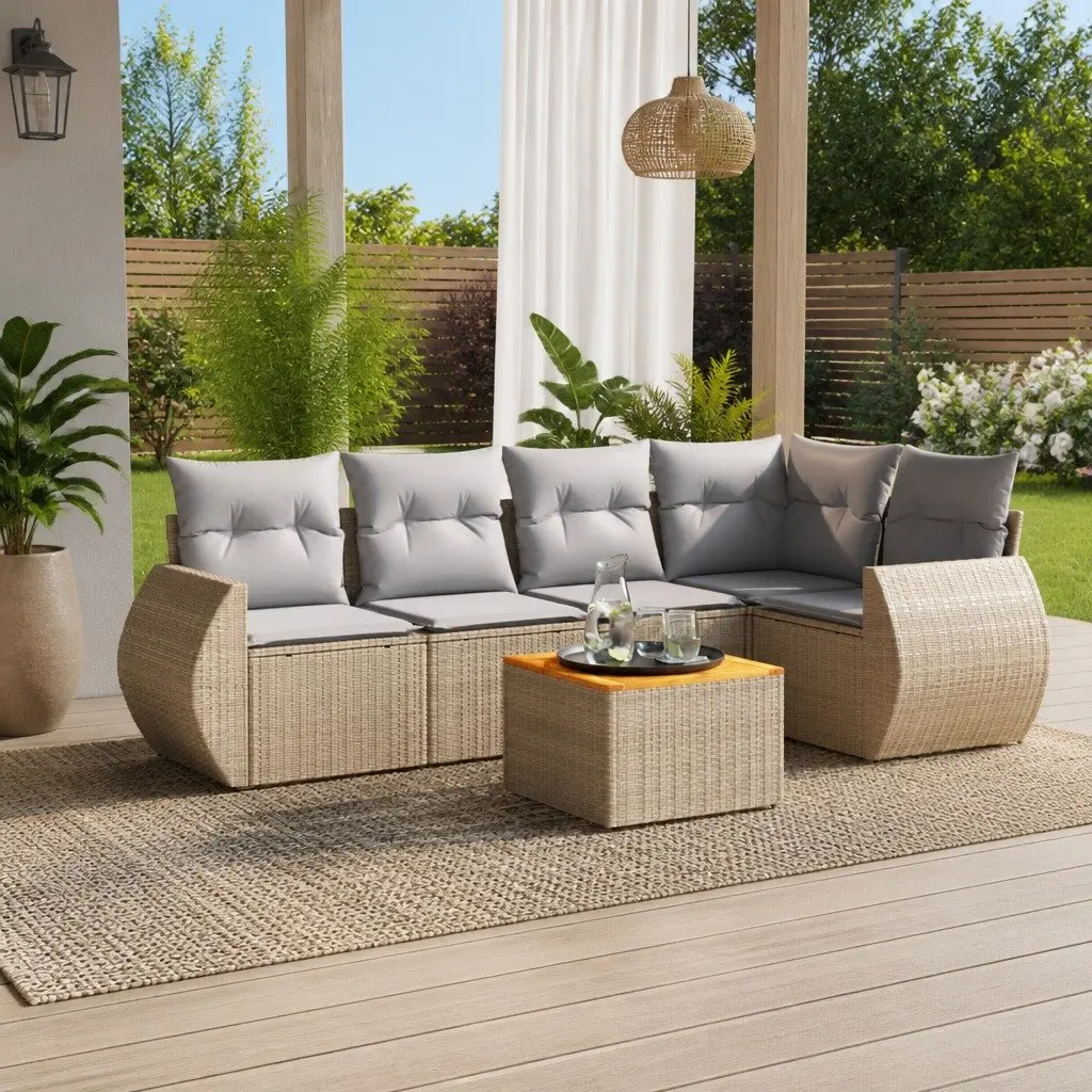 Beige Outdoor Modular Sofa Set 6 Piece Poly Rattan with Thick Cushions for Patio and Garden