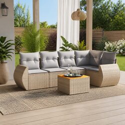 Outdoor Sofa Set 6 Pieces: Beige Poly Rattan with Acacia Top