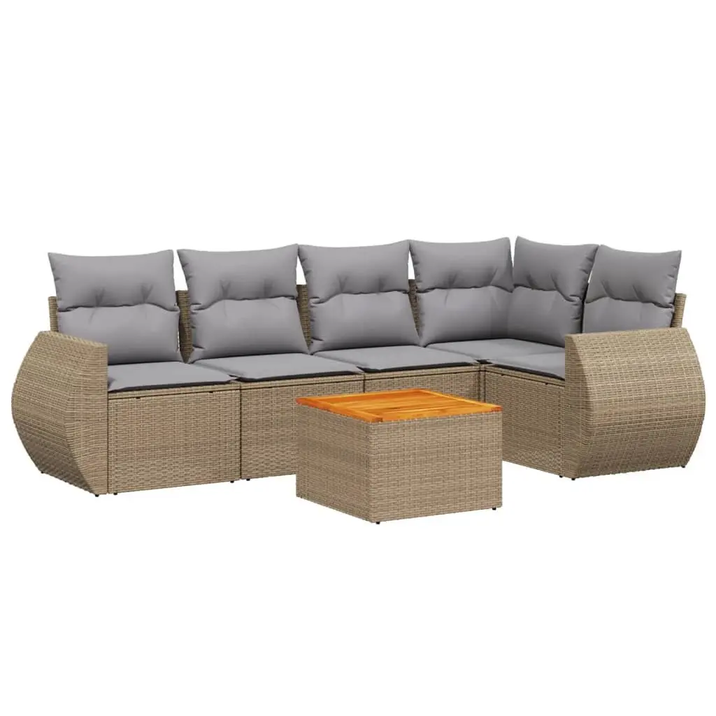 Beige Outdoor Modular Sofa Set 6 Piece Poly Rattan with Thick Cushions for Patio and Garden