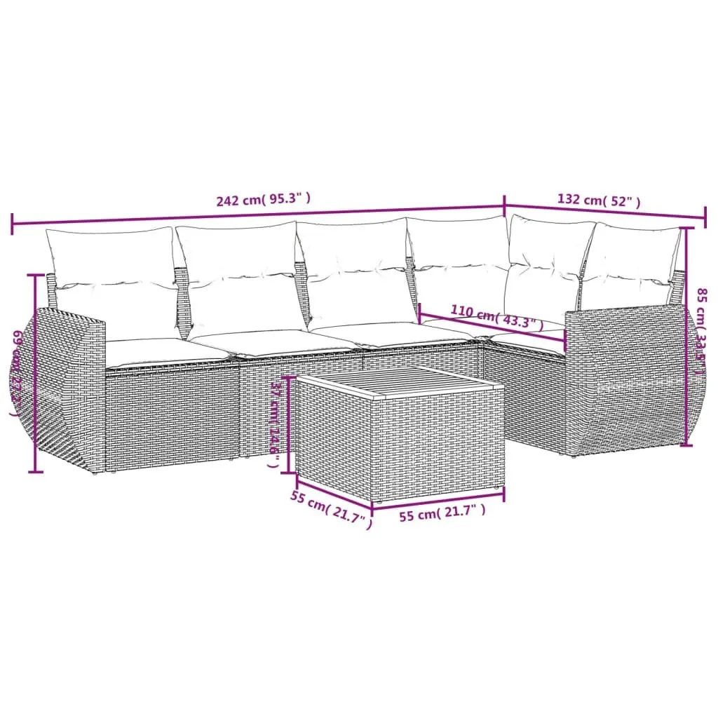 Beige Outdoor Modular Sofa Set 6 Piece Poly Rattan with Thick Cushions for Patio and Garden