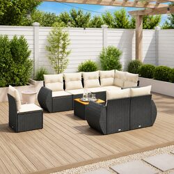 9-Piece Garden Sofa Set: Black Rattan and Acacia Wood