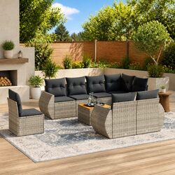 9 Piece Grey Garden Sofa Set with PE Rattan