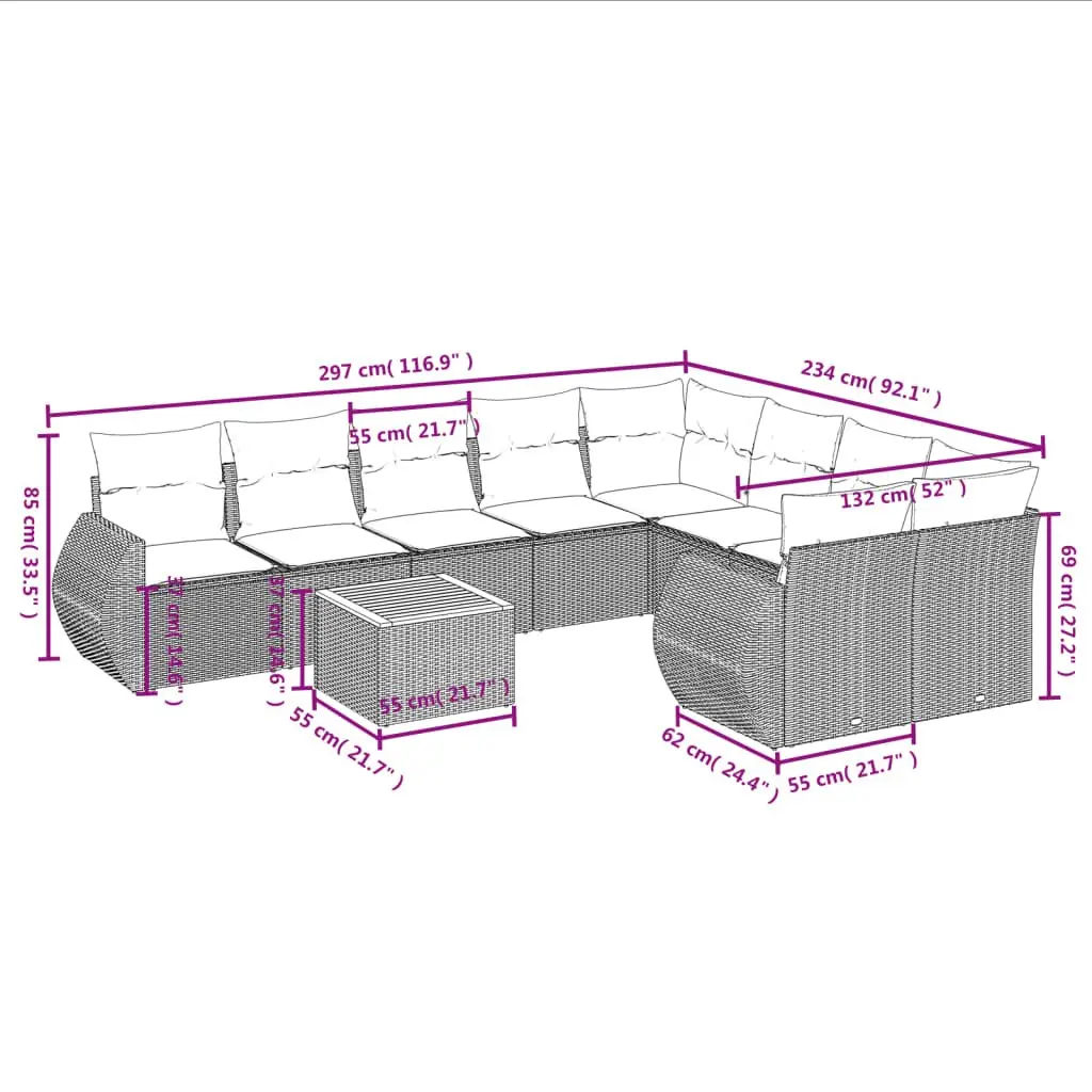 Garden Sofa Set 10 Piece Outdoor Furniture Grey Modular Poly Rattan with