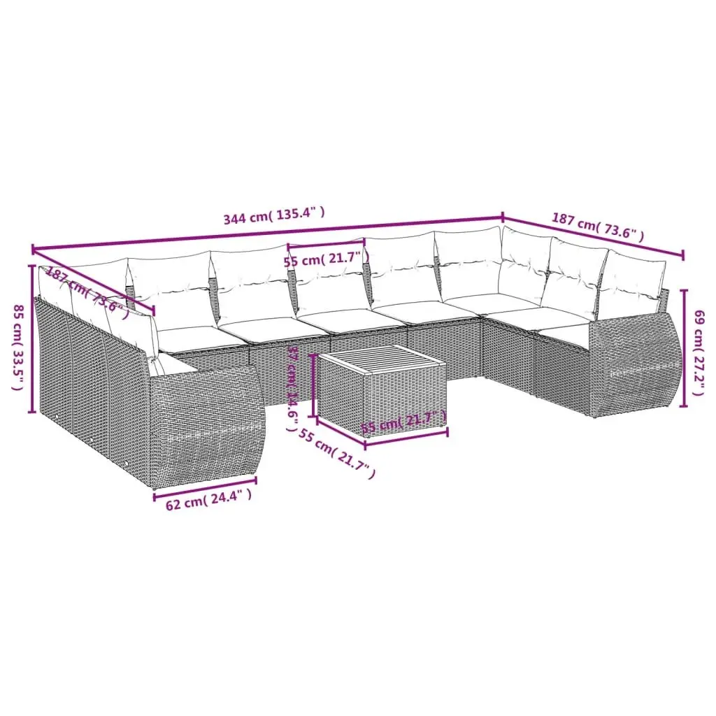 11 Piece Modular Outdoor Sofa Set Grey Rattan Furniture for Patio with Acacia Wood Tabletop and Cushioned Seating