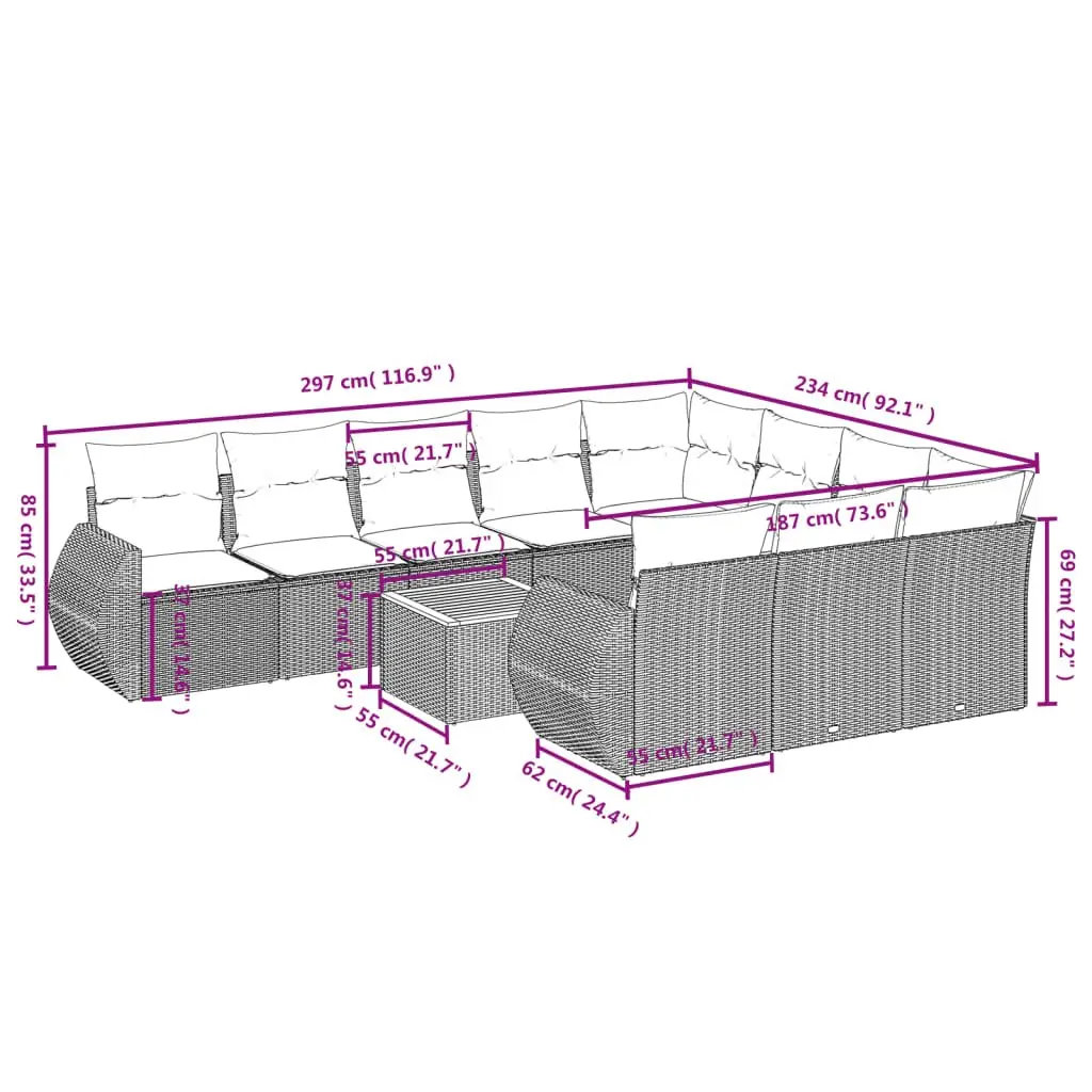 Garden Sofa Set 11 Piece Outdoor Furniture Patio Seating Grey with Cushions