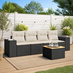 5-Piece Garden Sofa Set: Black Poly Rattan and Acacia Wood