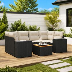 7 Piece Garden Sofa Set with Cushions - Black PE Rattan