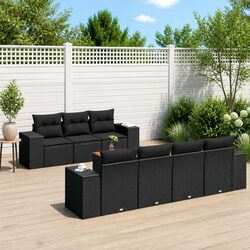 Outdoor Garden Sofa Set 8 Piece Black Poly Rattan Patio Furniture with Cushions