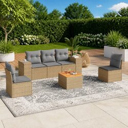 Garden Sofa Set: 6 Pieces, PE Rattan, Acacia Tabletop