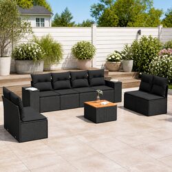 9 Piece Outdoor Garden Sofa Set Black Poly Rattan Patio Furniture with Cushions