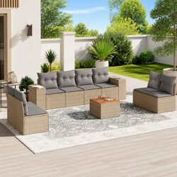 Outdoor Garden Sofa Set 9 Piece Beige Poly Rattan Furniture with Cushions Patio