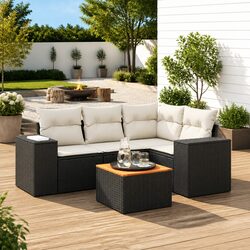 5 Piece Outdoor Garden Sofa Set with Cushions Black Poly Rattan Patio Furniture