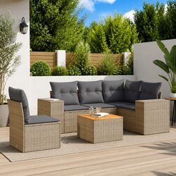 Garden Sofa Set: 6 Pieces, PE Rattan, Acacia Wood, Beige