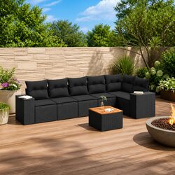 7 Piece Outdoor Sofa Set: Black PE Rattan and Acacia Wood