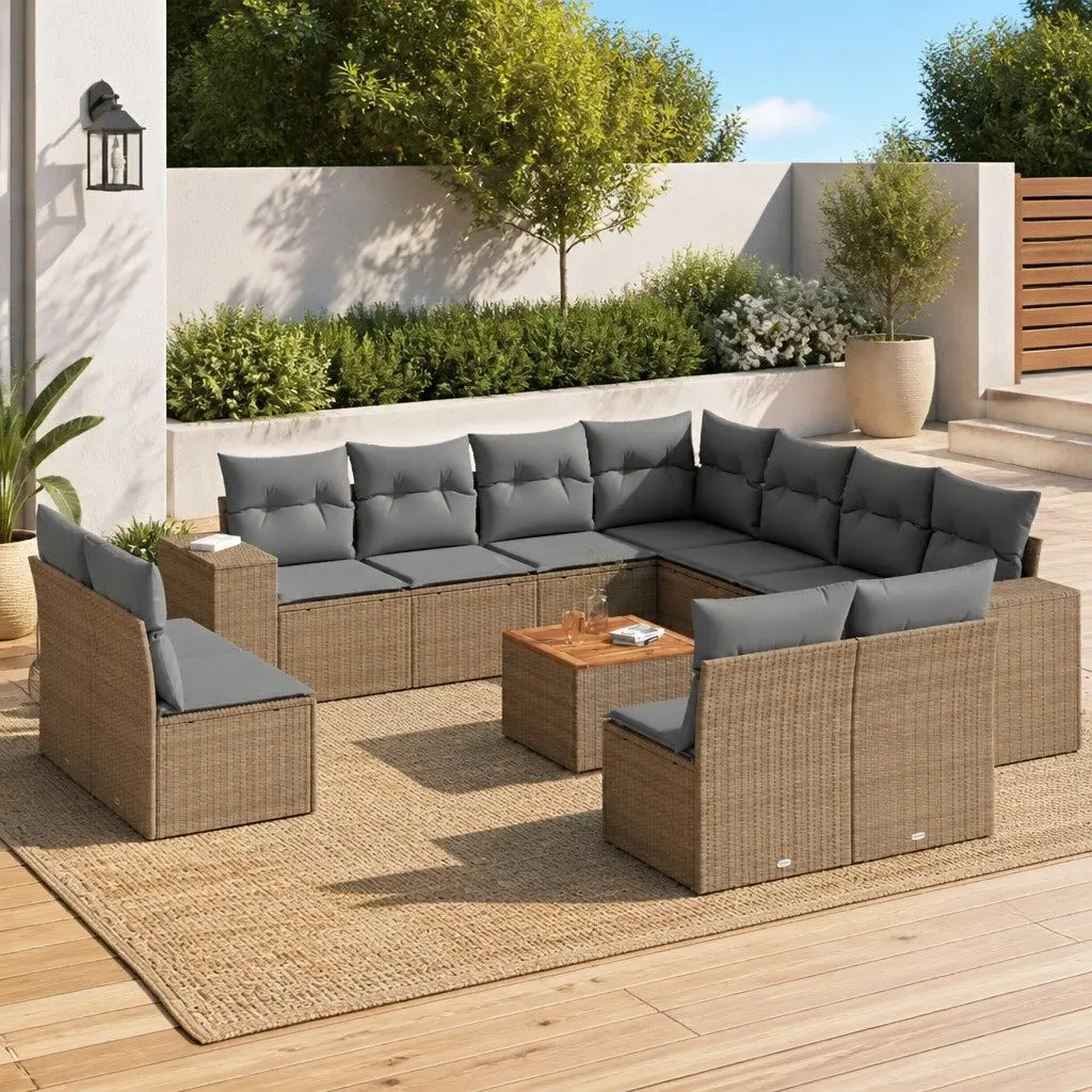 12 Piece Outdoor Garden Sofa Set Patio Furniture Beige Poly Rattan with Cushions