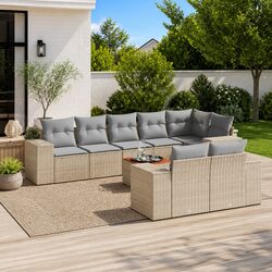 Garden Sofa Set 9 Piece Outdoor Furniture Beige Poly Rattan Patio Seating with